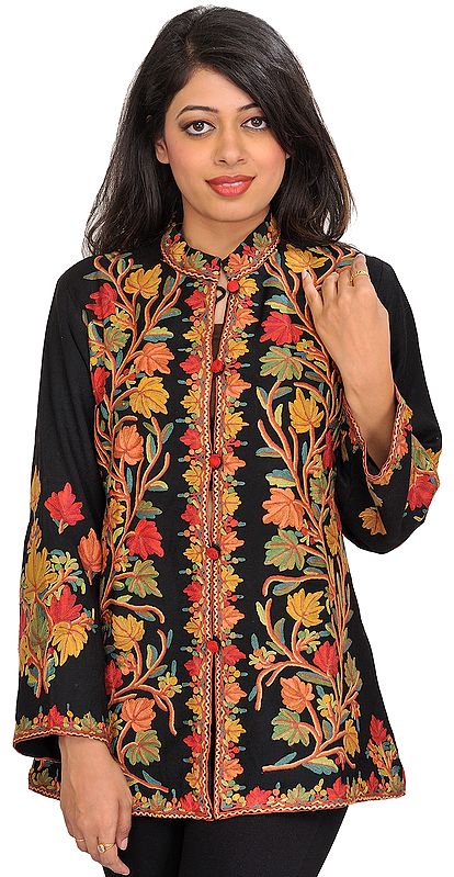 Jet-Black Jacket from Kashmir with Aari Hand-Embroidered Maple Tree