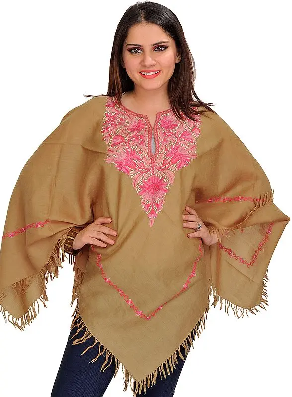 Pale-Khaki Aari Kashmiri Poncho with Pink Floral Hand-Embroidery on Neck