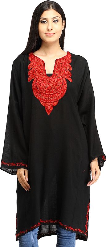 Caviar-Black Phiran from Kashmir with Aari Hand-Embroidery on Neck