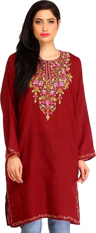 Rosewood-Red Phiran from Kashmir with Aari Floral Hand-Embroidered Neck