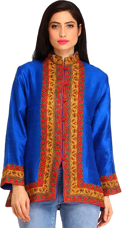 Imperial-Blue Jacket from Kashmir with Aari Hand-Embroidery on Border