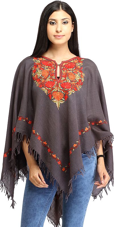 Steel-Gray Poncho from Kashmir with Aari Hand-Embroidered Flowers on Neck