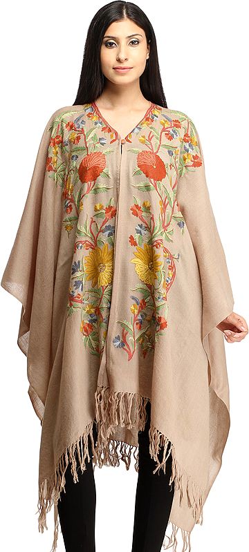 Feather-Gray Cape from Kashmir with Aari Floral Hand-Embroidery
