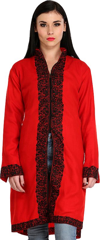 True-Red Jacket from Kashmir with Aari Black-Embroidery on Border