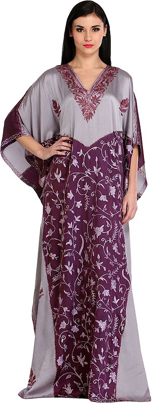 Deep-Purple and Gray Aari-Embroidered Kaftan from Kashmir