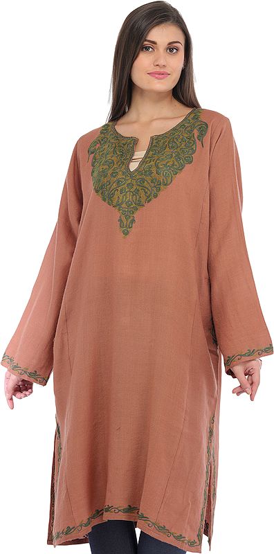 Phiran from Kashmir with Aari Hand-Embroidered Paisleys on Neck