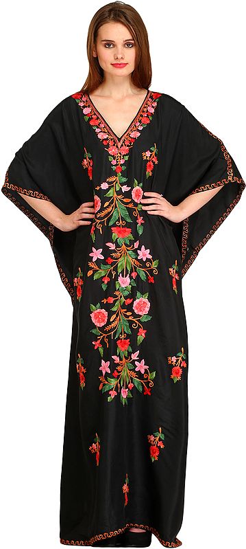 Jet-Black Kaftan from Kashmir with Aari Floral-Embroidery