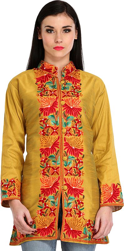 Misted-Yellow Aari Jacket with Floral Embroidered Border