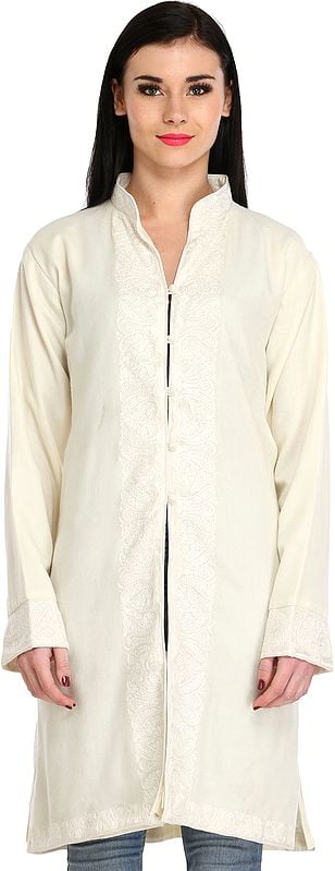 Ivory Jacket from Kashmir with Aari Hand-Embroidered Paisleys on Border