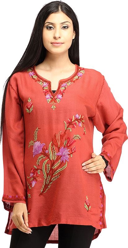 Spiced-Coral Kurti from Kashmir with Aari-Embroidery by Hand