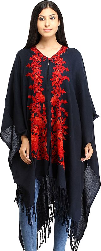 Insignia-Blue Cape from Kashmir with Aari Floral-Embroidery in Red