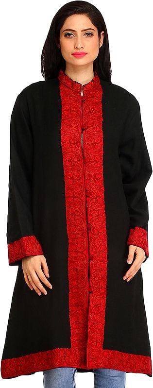 Jet-Black Long Jacket from Kashmir with Aari Hand-Embroidered Paisleys on Border
