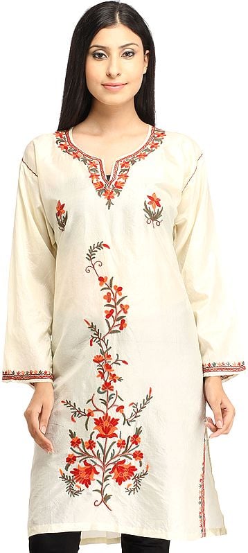 Ivory Kurti from Kashmir with Aari Hand-Embroidery