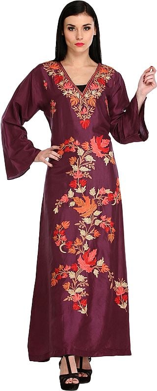 Dark-Purple Gown from Kashmir With Aari-Embroidered Maple Leaves