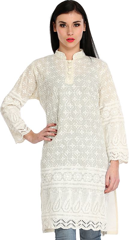 Cream kurti from Punjab with Phulkari-Embroidery in Self and Sequins All-Over
