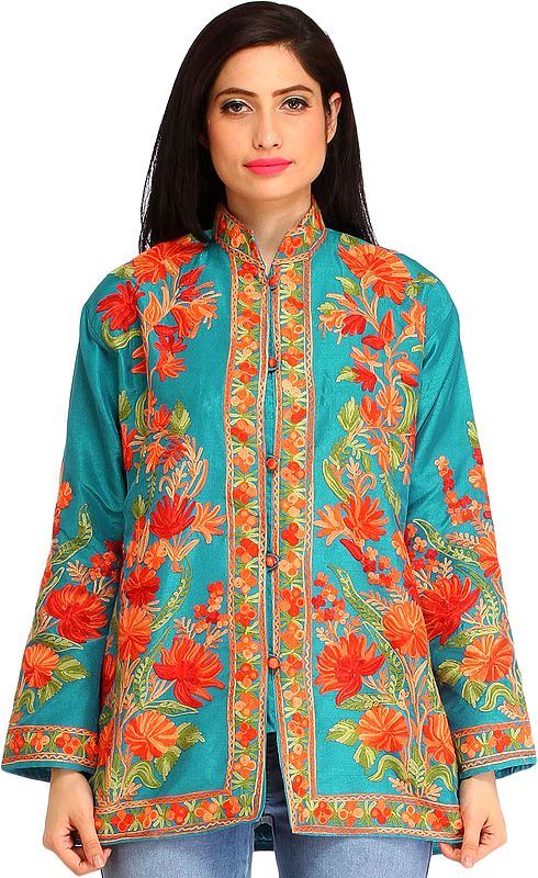 Lake-Blue Jacket from Kashmir with Aari-Embroidered Flowers