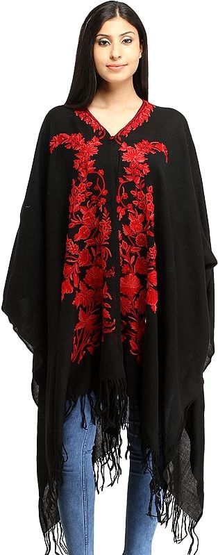 Jet-Black Cape from Kashmir with Aari Embroidered Flowers in Red
