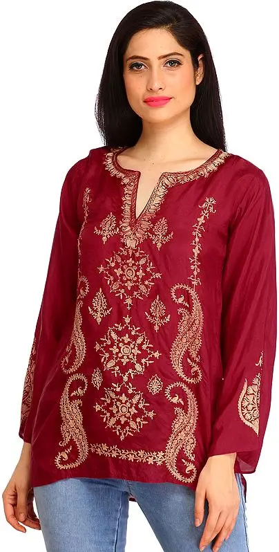 Sangria-Red Aari Embroidered Kurti from Kashmir