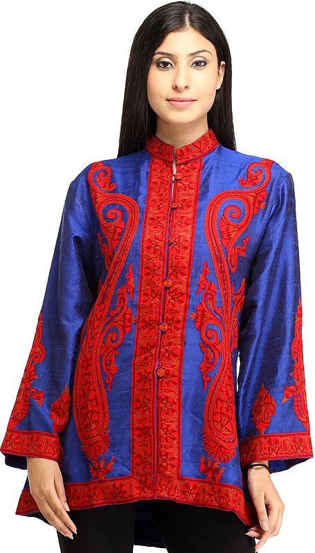 Dazzling-Blue Jacket from Kashmir with Aari Hand-Embroidered Paisleys in Red
