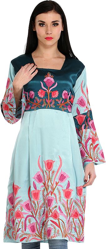 Mediterranea and Pastel-Blue Dress from Kashmir With Aari-Embroidered Flowers