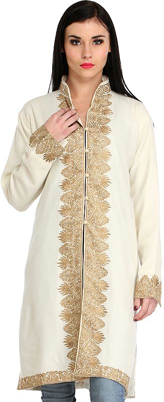 Off-White Jacket from Kashmir with Aari Hand-Embroidery on Border