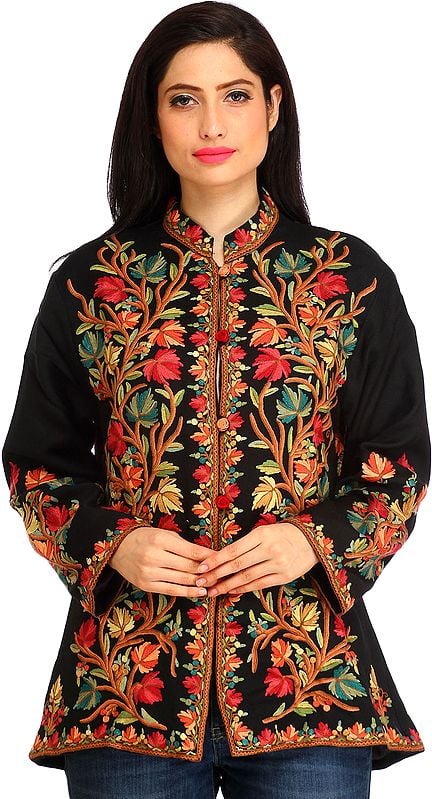 Phantom-Black Jacket from Kashmir with Aari Hand-Embroidered Maple Leaves