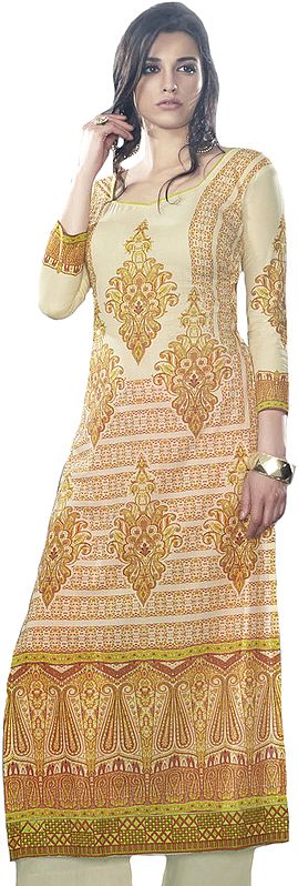 Cream Digital-Printed Long Kurti with Embroidered Patch on Border