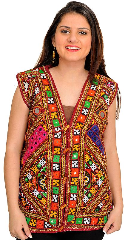 Multicolor Embroidered Waistcoat from Kutch with Mirrors