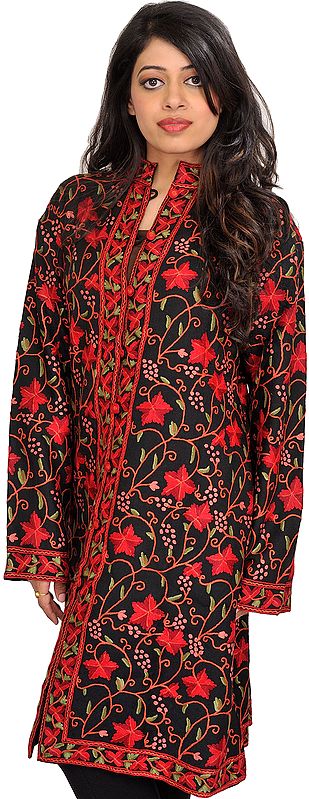 Black and Red Long Jacket from Kashmir with Aari Hand-Embroidered Maple Leaves
