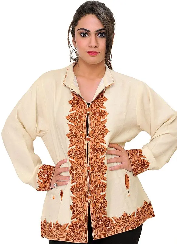 Cream Jacket from Kashmir with Aari Hand-Embroidery on Border