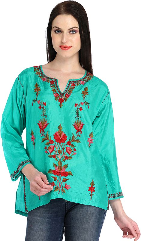 Bright-Aqua Kurti from Kashmir with Aari-Embroidery by Hand