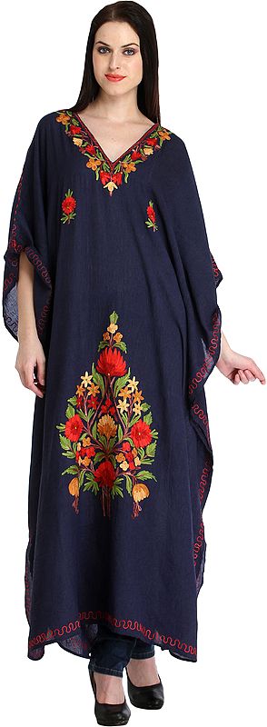 Blue-Indigo Kaftan from Kashmir with Aari-Embroidery