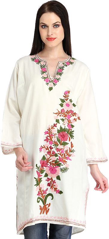 Ivory Phiran from Kashmir with Aari Floral-Embroidery by Hand