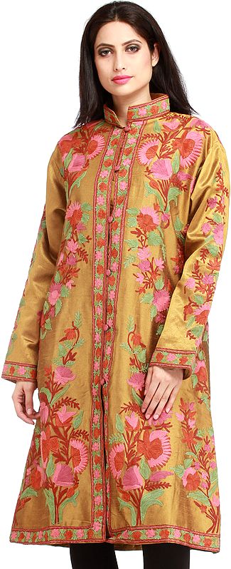 Mustard-Gold Jacket from Kashmir with Aari Hand-Embroidered Flowers