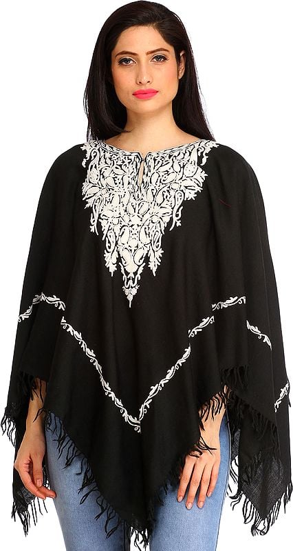 Black and White Poncho from Kashmir with Aari-Embroidered Paisleys