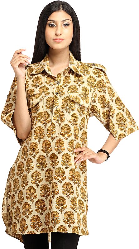 Almond-Oil Kurti from Pilkhuwa with Block-Printed Bootis and Front Pockets