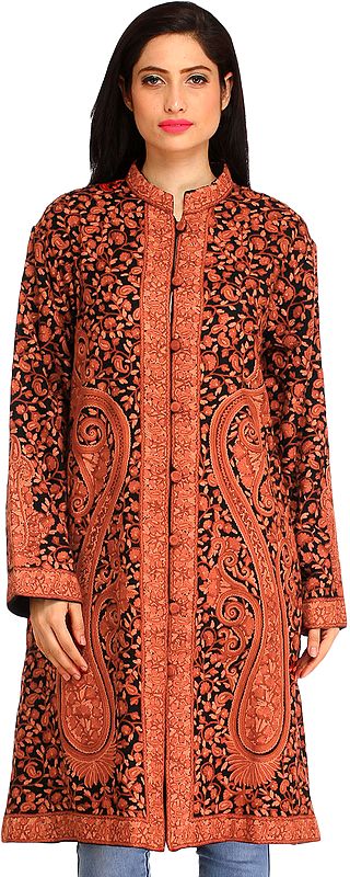 Black and Brown Kashmiri Long Jacket with Hand-Embroidered Paisleys All-Over