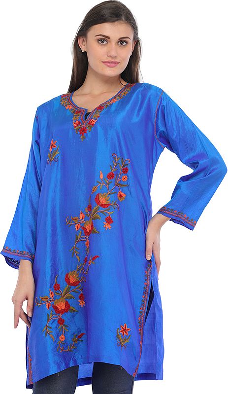 Princess-Blue Aari Kurti from Kashmir with Floral Hand-Embroidery