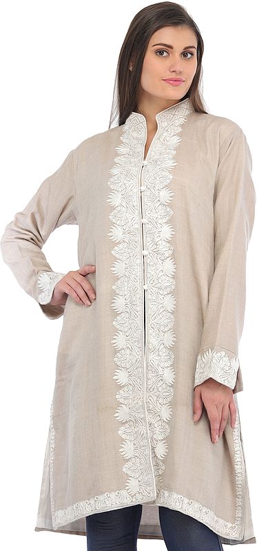 Whitecap-Gray Long Jacket from Kashmir with Aari Hand-Embroidered Paisleys on Border