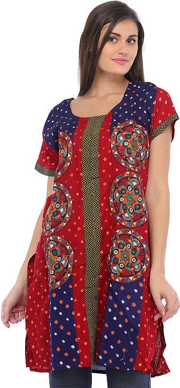 Bandhani Tie-Dye Kurti with Embroidered Patches and Mirrors