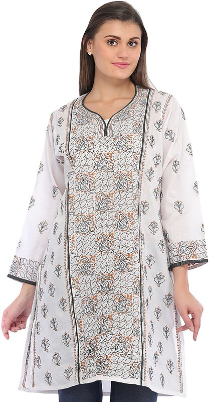 White Chikan Hand-Embroidered Kurti from Lucknow