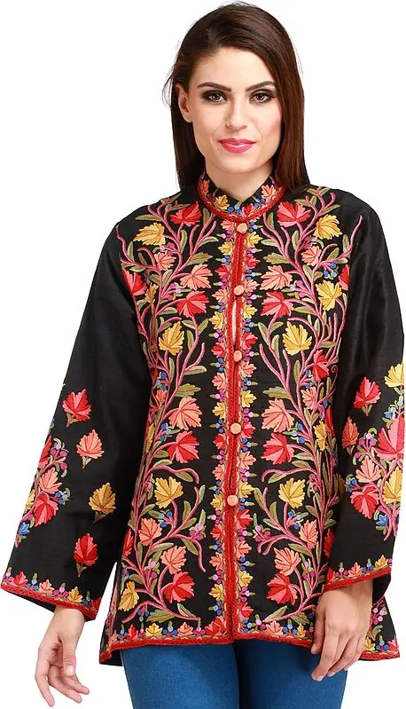 Jet-Black Kashmiri Jacket with Aari Hand-Embroidered Maple Leaves
