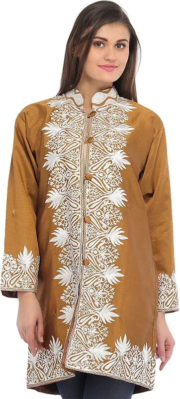 Bone-Brown Jacket with Aari-Embroidered Paisleys on Border