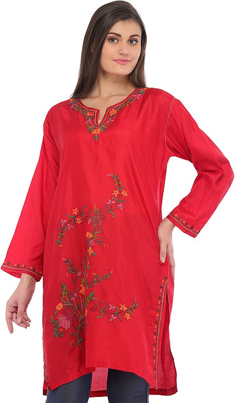 True-Red Kurti from Kashmir with Aari-Embroidery by Hand
