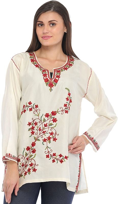 Ivory Kurti from Kashmir with Aari Hand-Embroidered Flowers
