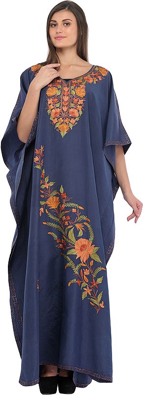 Blue-Indigo Kashmiri Kaftan with Aari Floral-Embroidery