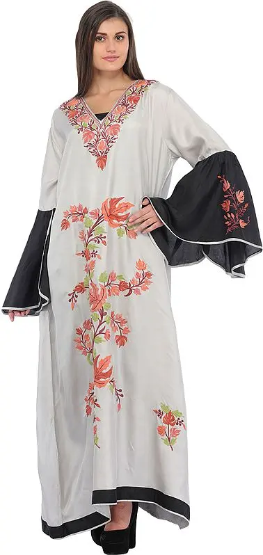 Silver and Black Butterfly Gown from Kashmir with Aari-Embroidered Maple Leaves