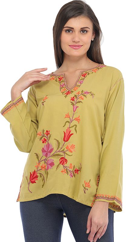 Dried-Moss Kurti from Kashmir with Aari Hand-Embroidery