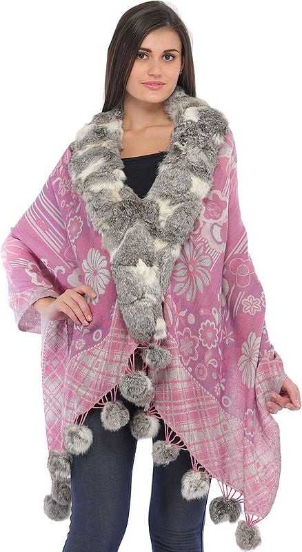 Lavender-Herb Jamawar Wrap with Faux-Fur Collar and Woven Flowers