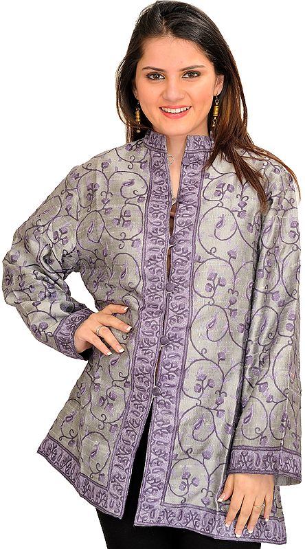 Silver and Purple Jacket from Kashmir with Aari Hand-Embroidered Paisleys